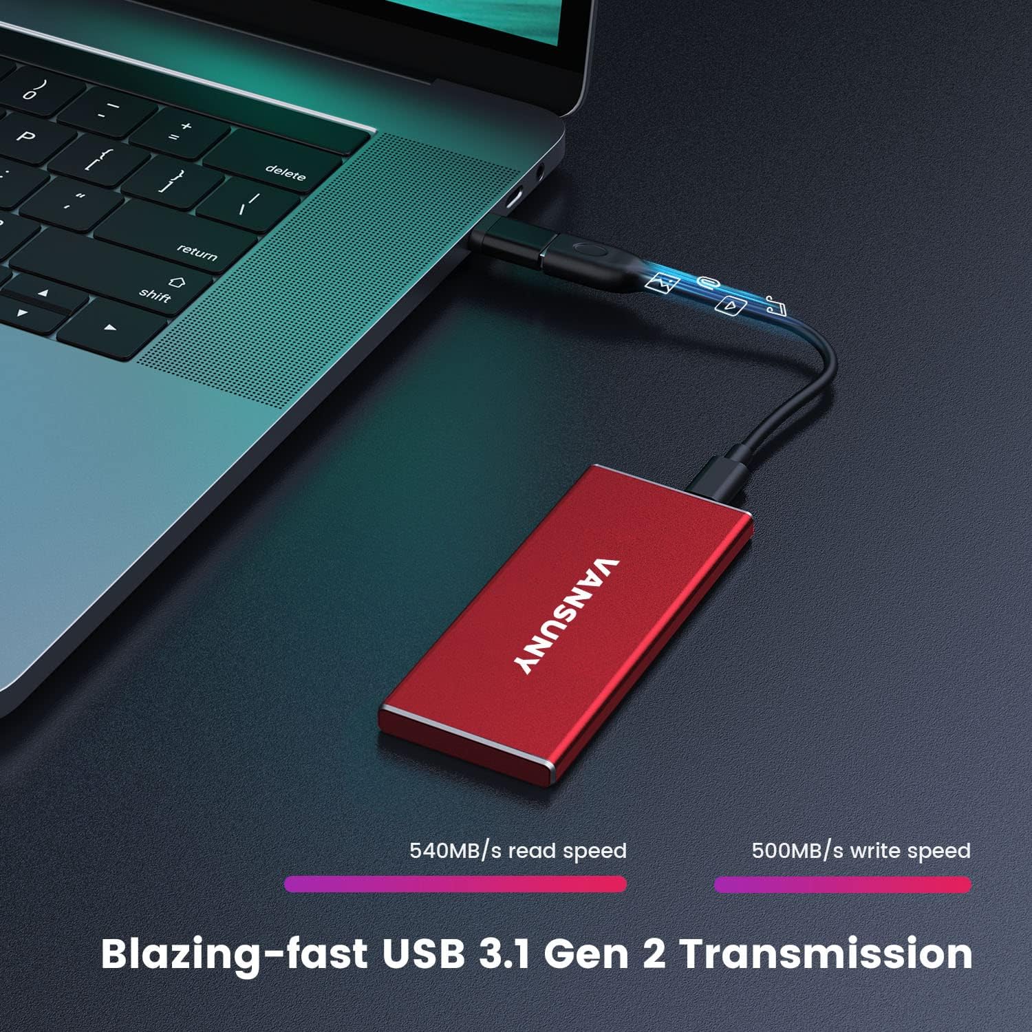 Vansuny 1TB Portable External SSD, USB 3.1 Gen2 540MB/s High-Speed Data ssd External Hard Drive USB C, Metal Mini Portable External Solid State Drive, Red - Vansuny