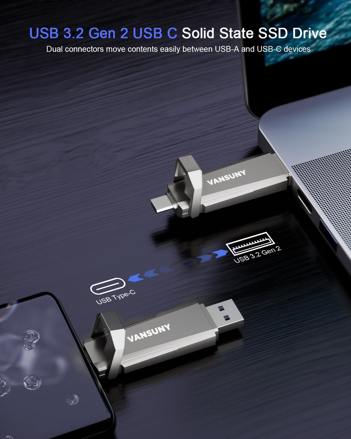 Vansuny 256GB/512GB/1TB USB Solid State Drive Up to 1000MB/s 3.2 Gen 2 Dual SSD USB A + Tape C for Android Phone Tablet Laptop MacBook PC - Vansuny