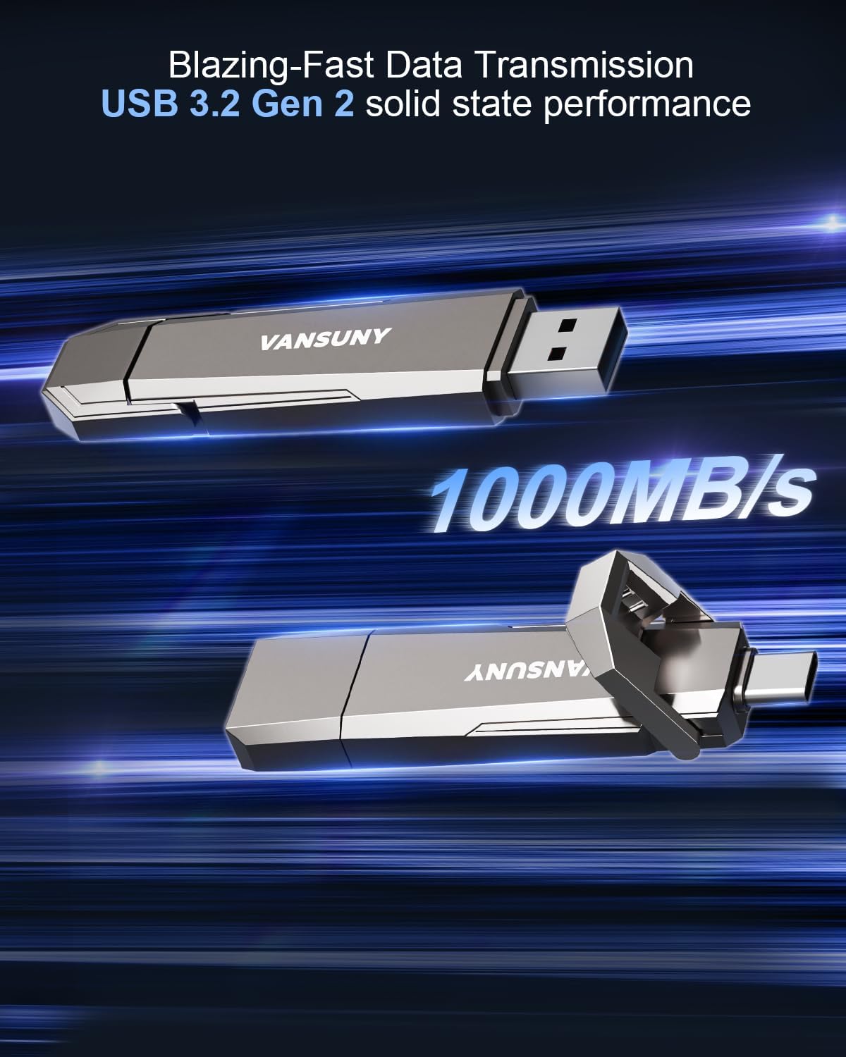 Vansuny 256GB/512GB/1TB USB Solid State Drive Up to 1000MB/s 3.2 Gen 2 Dual SSD USB A + Tape C for Android Phone Tablet Laptop MacBook PC - Vansuny