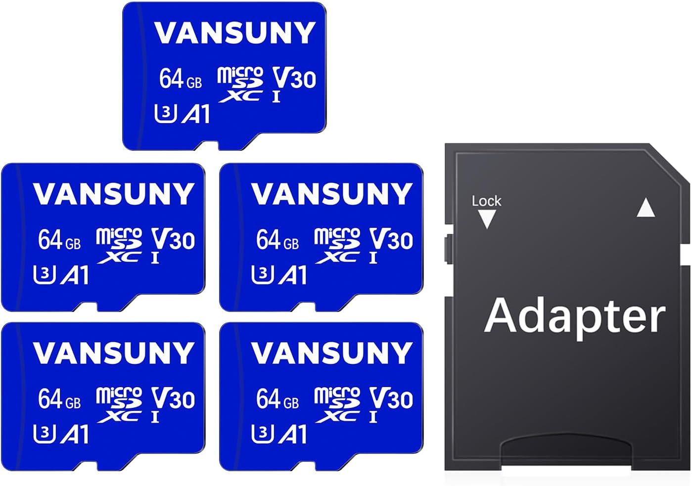 Vansuny Micro SD Card 64GB microSDXC Memory Card with SD Adapter A1 App Performance V30 4K Video Recording C10 U3 Micro SD - Vansuny