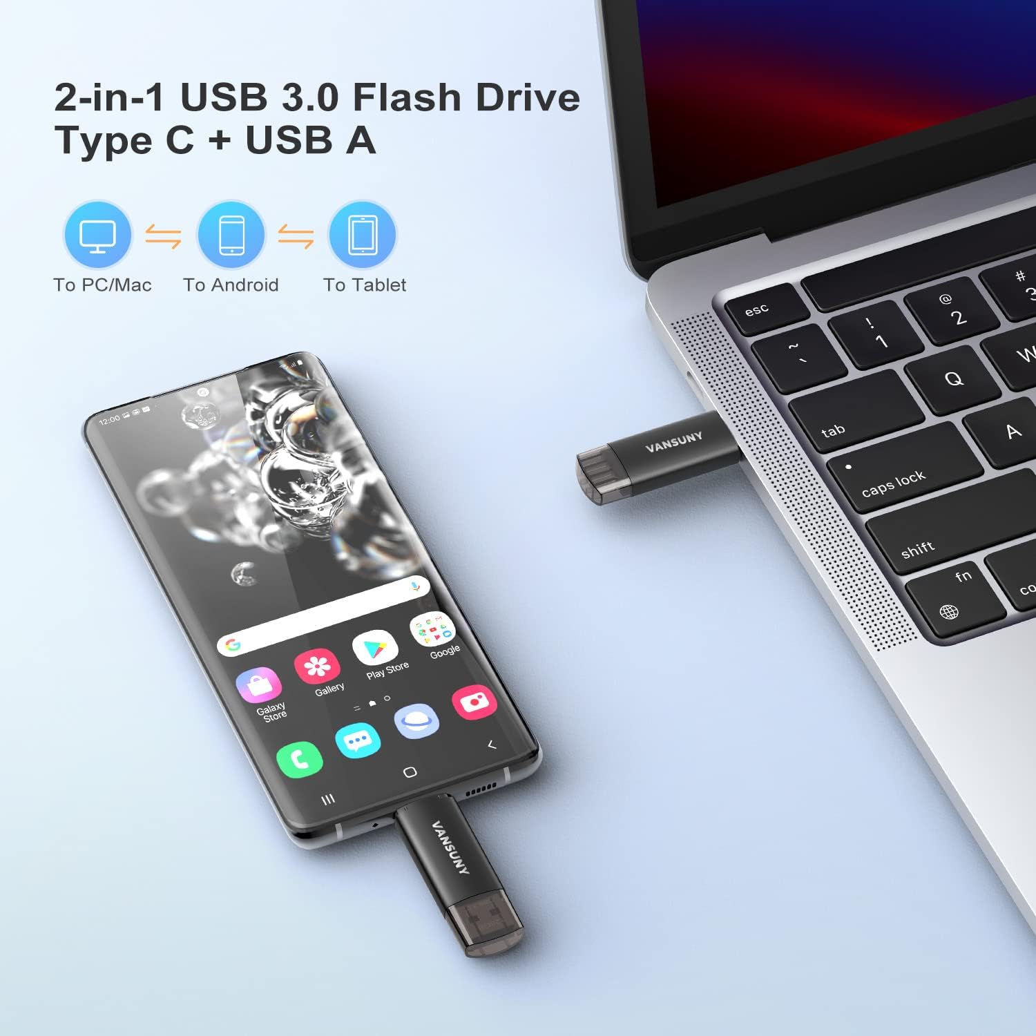 Vansuny 128GB Type C Flash Drive 2 in 1 OTG USB 3.0 + Tape C Memory Stick with Keychain Dual Thumb Photo Stick - Vansuny