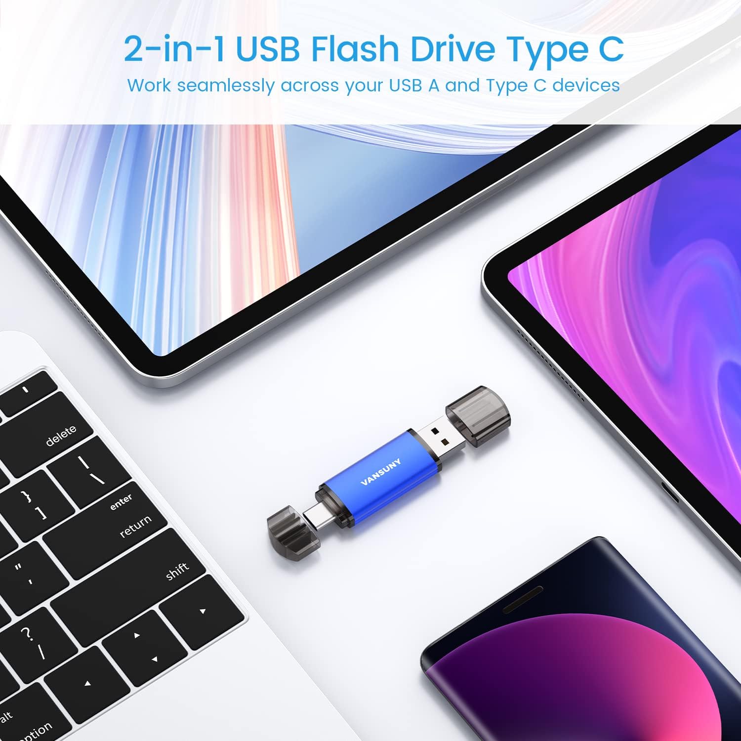 Vansuny USB Type-C Flash Drive 2-in-1 Dual USB A + Tape C OTG Flash Drive for Android Smartphone Tablet Computer Laptop - Vansuny