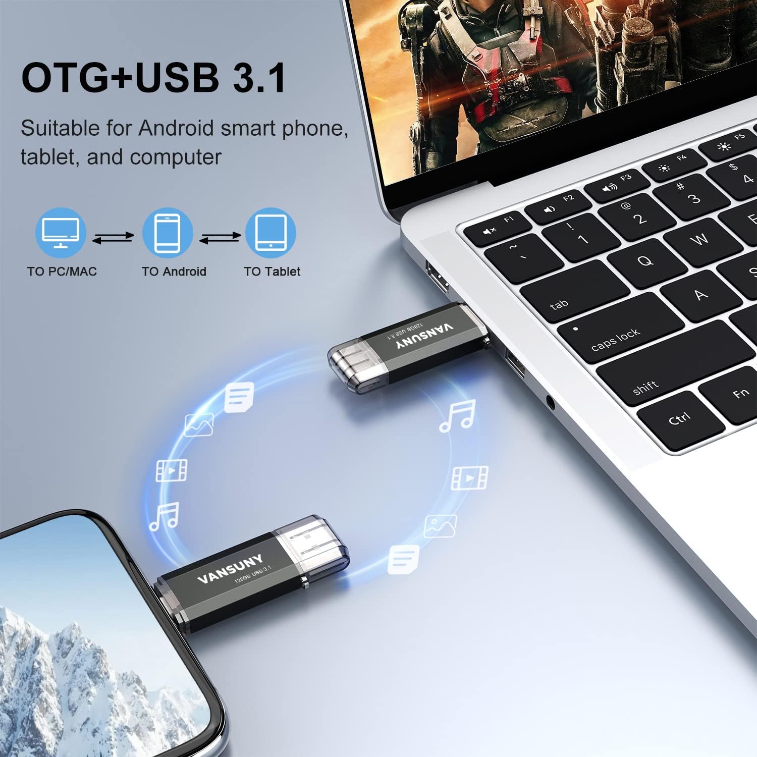 Vansuny 128GB/256GB Type C Flash Drive Upgraded 130MB/s USB 3.1 Flash Drive 2 in 1 OTG USB A + Tape C Memory Stick with Keychain - Vansuny