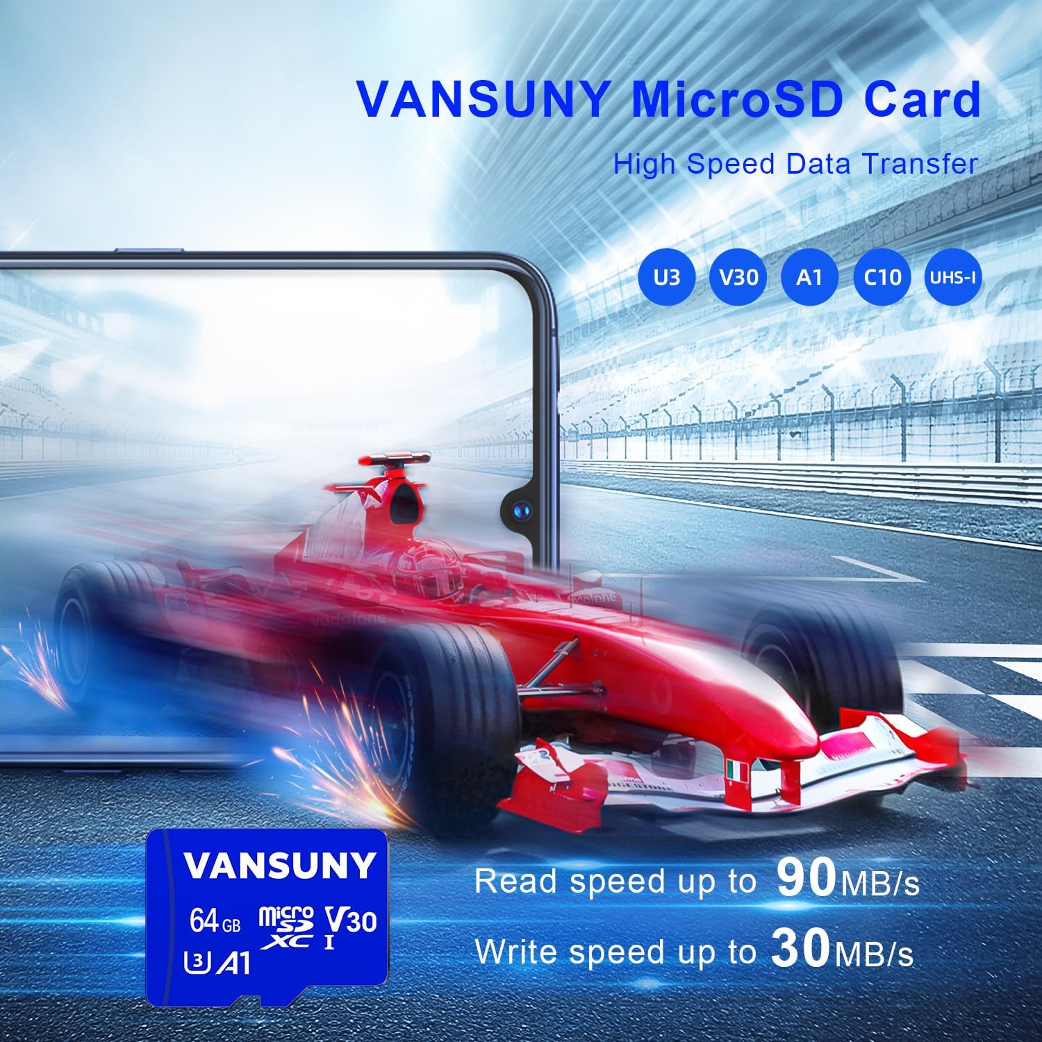 Vansuny Micro SD Card 64GB microSDXC Memory Card with SD Adapter A1 App Performance V30 4K Video Recording C10 U3 Micro SD - Vansuny