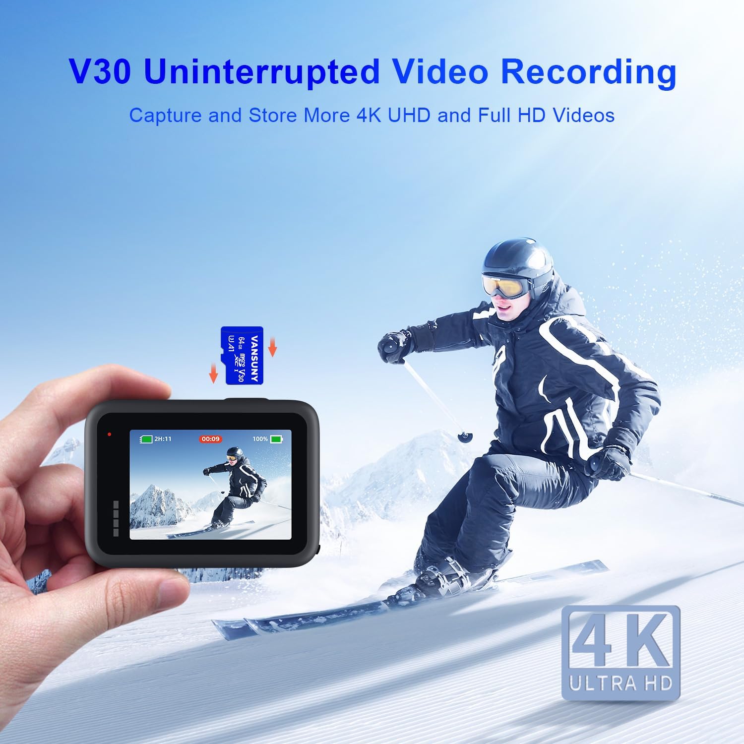 Vansuny Micro SD Card 64GB microSDXC Memory Card with SD Adapter A1 App Performance V30 4K Video Recording C10 U3 Micro SD - Vansuny