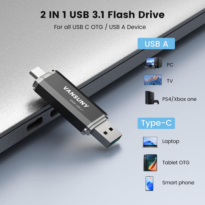 Vansuny 128GB/256GB Type C Flash Drive Upgraded 130MB/s USB 3.1 Flash Drive 2 in 1 OTG USB A + Tape C Memory Stick with Keychain - Vansuny
