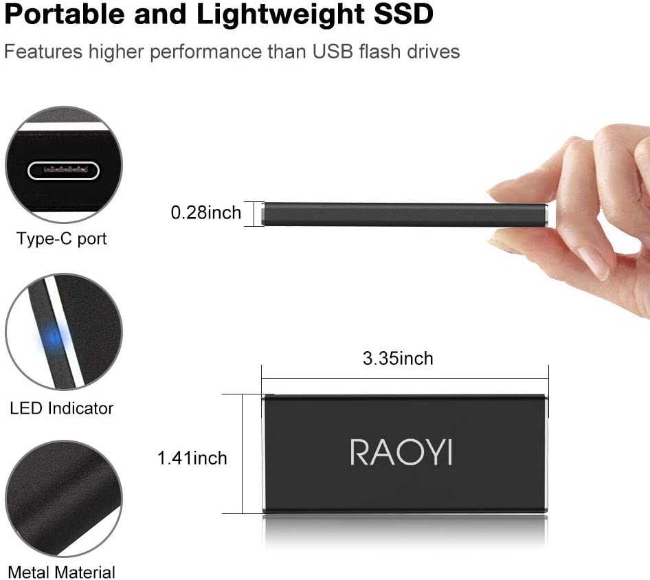 RAOYI 250GB Portable USB 3.1 External SSD Read/Write Speed up to 540MB/s Ultra-Slim USB-C High Speed Transfer Mobile Solid State Drive for Laptop, Tablet, PC and Android Phone, Black - Vansuny