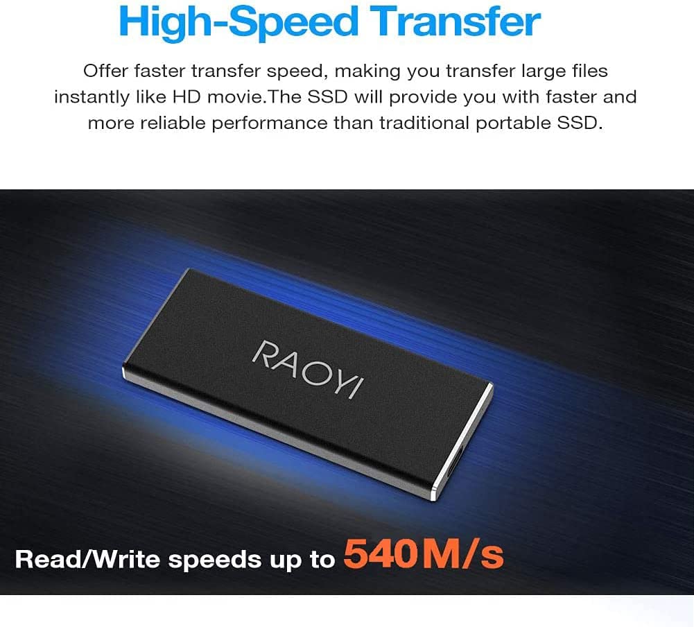 RAOYI 250GB Portable USB 3.1 External SSD Read/Write Speed up to 540MB/s Ultra-Slim USB-C High Speed Transfer Mobile Solid State Drive for Laptop, Tablet, PC and Android Phone, Black - Vansuny