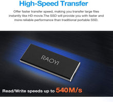 Load image into Gallery viewer, RAOYI 250GB Portable USB 3.1 External SSD Read/Write Speed up to 540MB/s Ultra-Slim USB-C High Speed Transfer Mobile Solid State Drive for Laptop, Tablet, PC and Android Phone, Black - Vansuny
